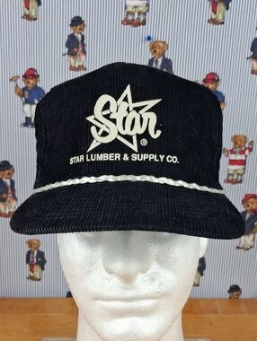 Vintage Corduroy Zipper Tab Black & White Brim Cord Screen Print Graphic Hat